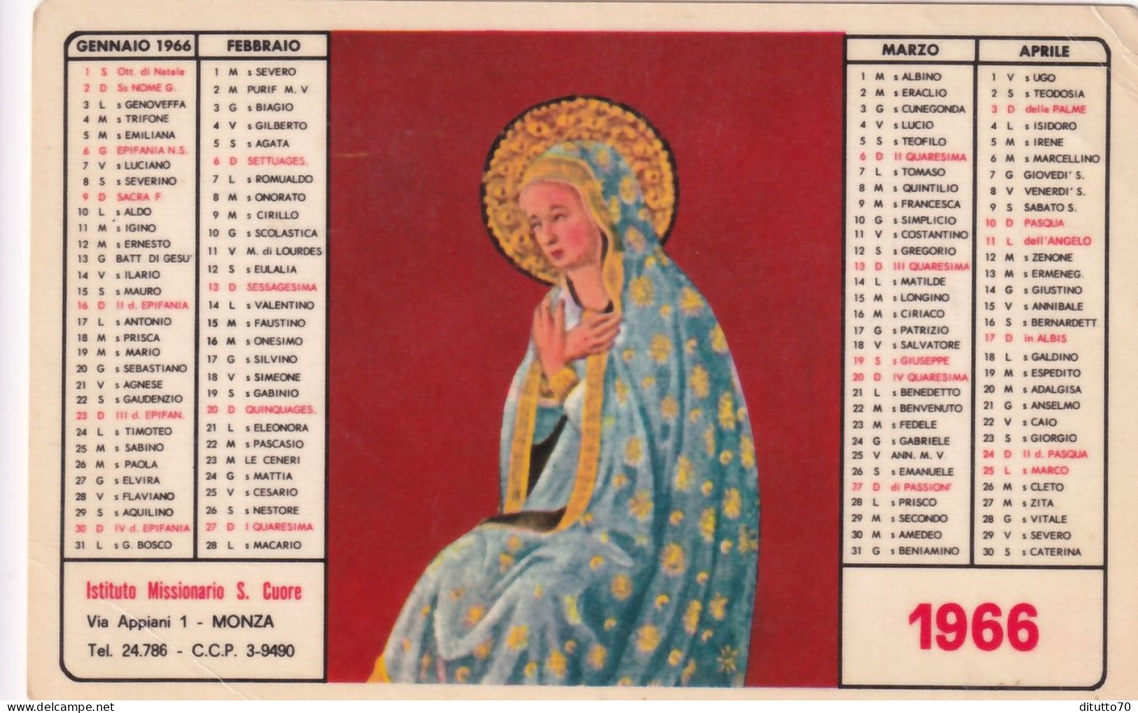 Calendarietto - Istituto Missionario S.cuore - Monza - Anno 1966 - Petit Format : 1961-70