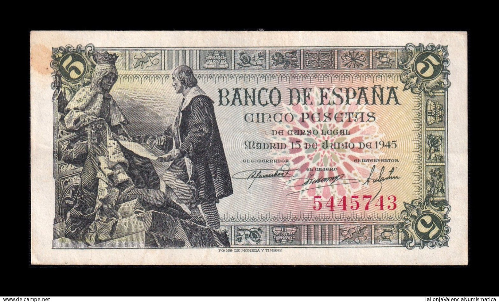 España Spain 5 Pesetas Capitulaciones 1945 Pick 129a Sin Serie Mbc Vf - 5 Pesetas