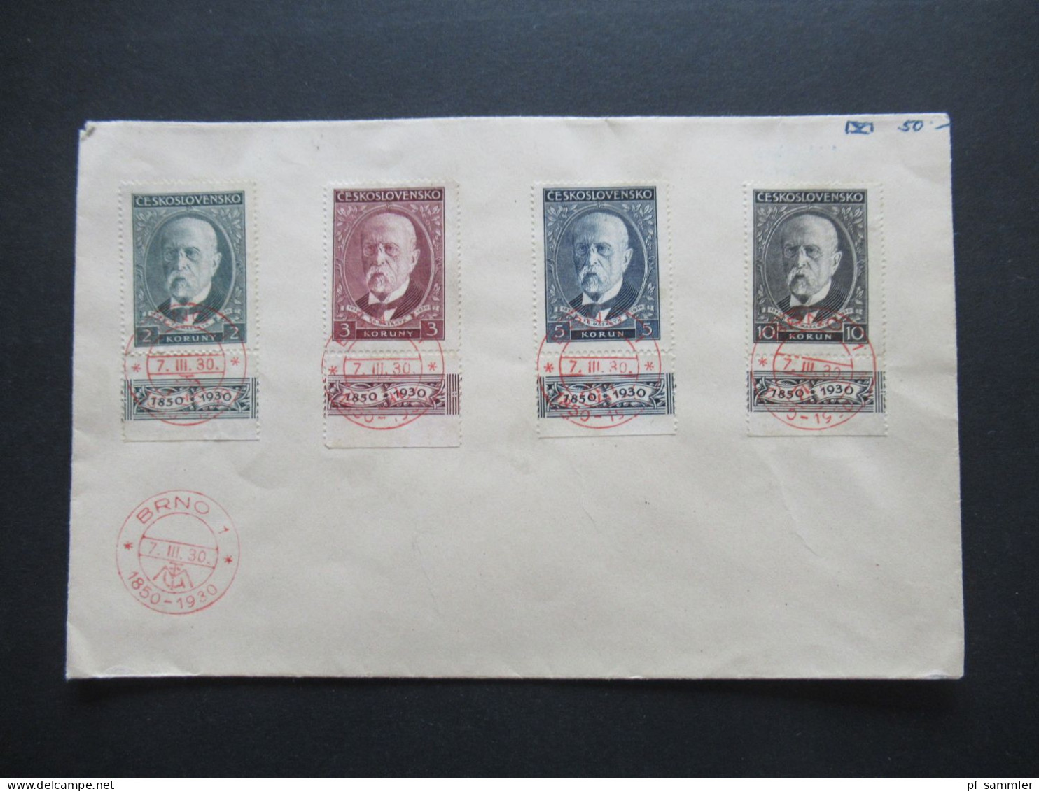 CSSR 1930 Blanko Umschlag Mi.Nr.299 / 302 Mit Unterrand / Schriftband Und Rotem Stempel Brno 1 1850 - 1930 Massaryk - Brieven En Documenten