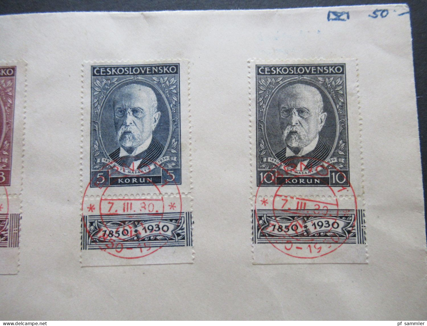 CSSR 1930 Blanko Umschlag Mi.Nr.299 / 302 Mit Unterrand / Schriftband Und Rotem Stempel Brno 1 1850 - 1930 Massaryk - Cartas & Documentos