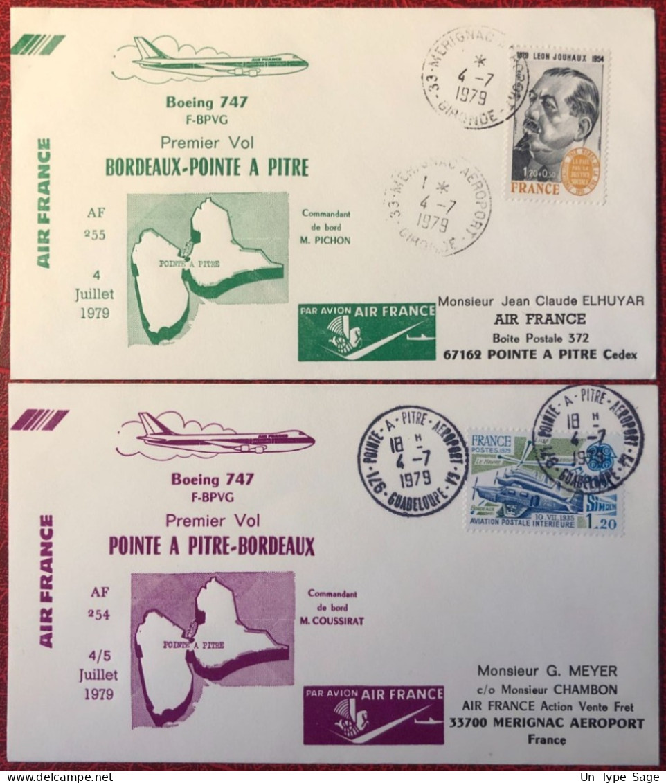 France, Premier Vol (Boeing 747) BORDEAUX / POINTE A PITRE 4/5.7.1979 - 2 Enveloppes - (A1400) - First Flight Covers