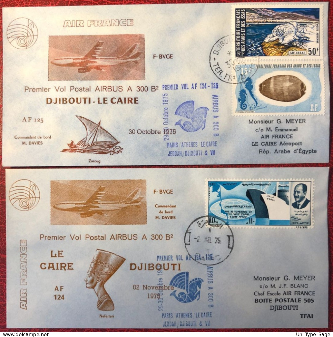 France, Premier Vol (Airbus A300) LE CAIRE / DJIBOUTI 2.11.1975- 2 Enveloppes - (A1402) - First Flight Covers