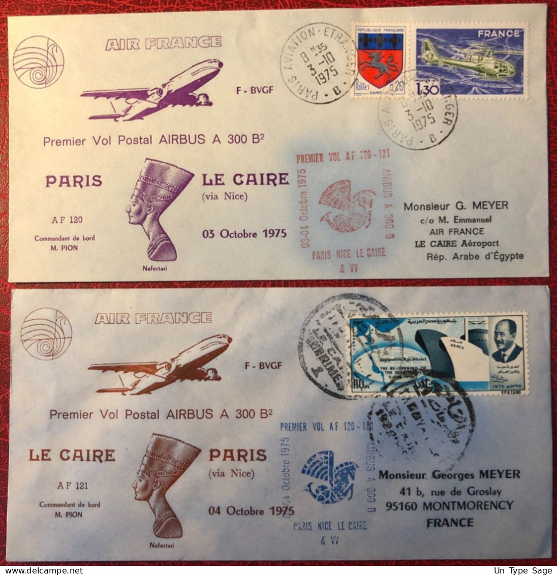 France, Premier Vol (Airbus A300) PARIS / LE CAIRE 3.10.1975 - 2 Enveloppes - (A1404) - First Flight Covers