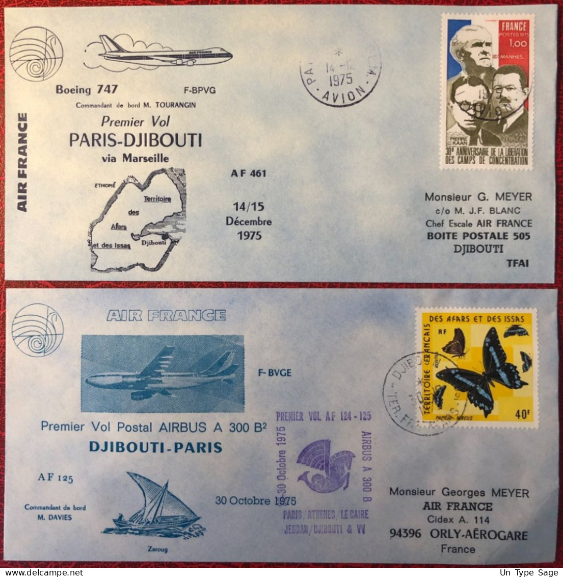 France, Premier Vol (Boeing 747) PARIS / DJIBOUTI 14/15.12.1975 - 2 Enveloppes - (A1408) - Primeros Vuelos