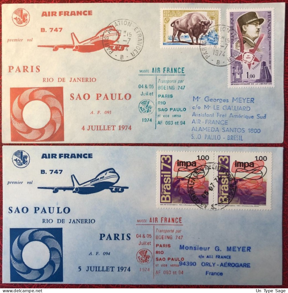 France, Premier Vol (Boeing 747) PARIS / SAO PAULO 4.7.1974 - 2 Enveloppes - (A1418) - First Flight Covers