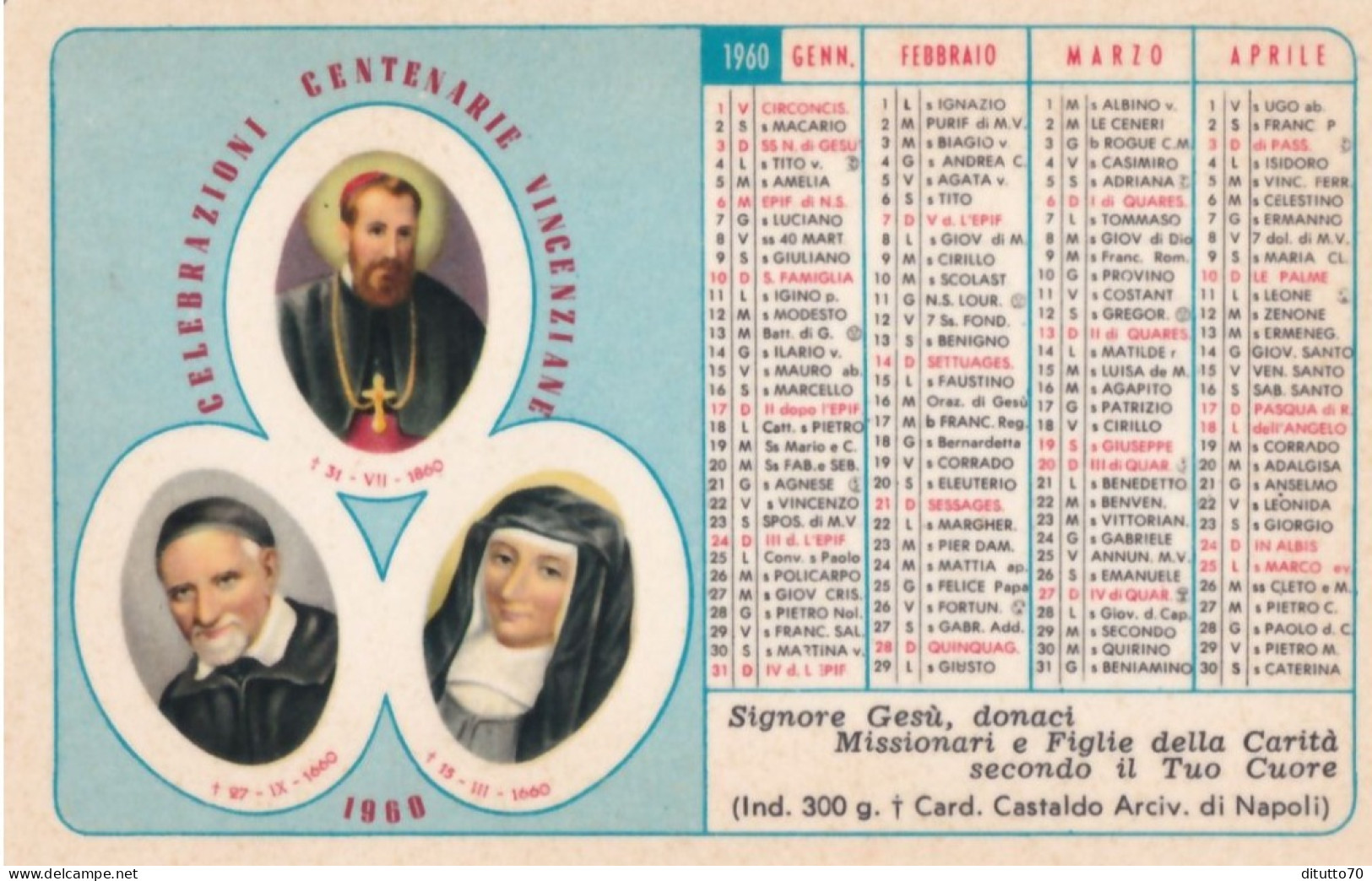 Calendarietto - Leggete E Fifondete - Il Jacobis - Rivista Missionaria - Napoli - Torino - Anno 1960 - Tamaño Pequeño : 1961-70