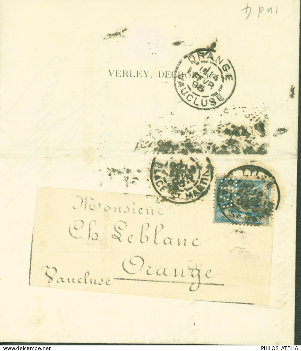 Perforé YT Sage N°101 Bleu 15ct Perforation V.D Banque Nord & Pas De Calais Verley Decroix Et Cie 12 FEV 1895 - Covers & Documents