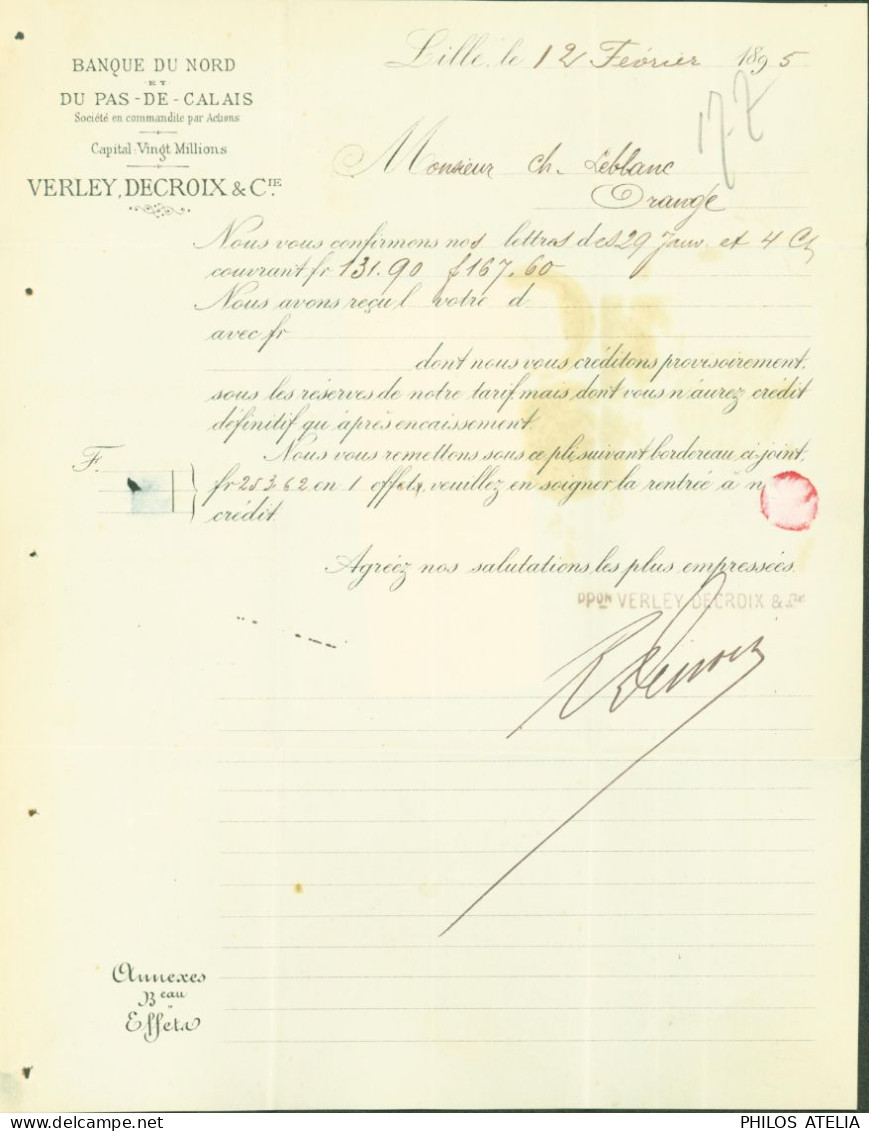 Perforé YT Sage N°101 Bleu 15ct Perforation V.D Banque Nord & Pas De Calais Verley Decroix Et Cie 12 FEV 1895 - Briefe U. Dokumente