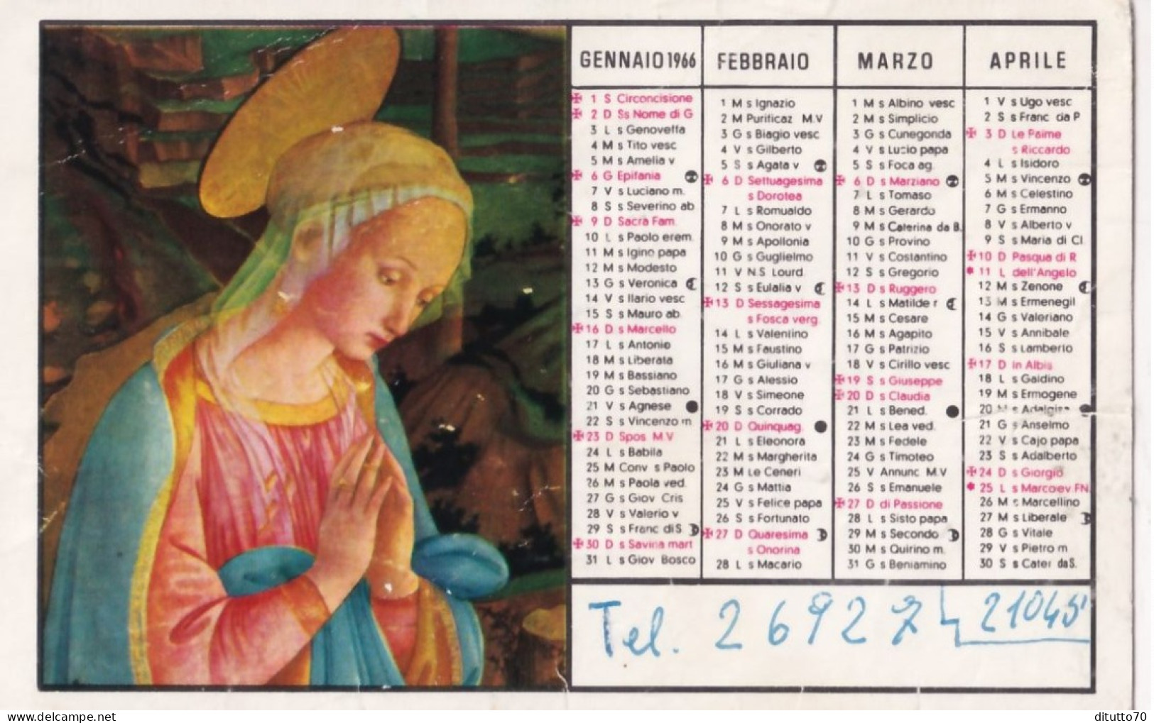 Calendarietto - Madonna - Anno 1966 - Klein Formaat: 1961-70