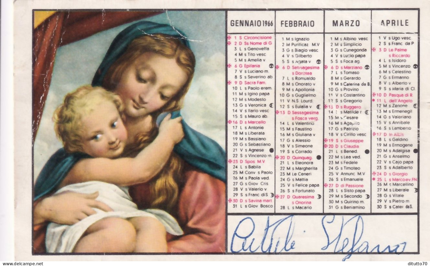 Calendarietto - Madonna  Col Figlio - Anno 1966 - Tamaño Pequeño : 1961-70