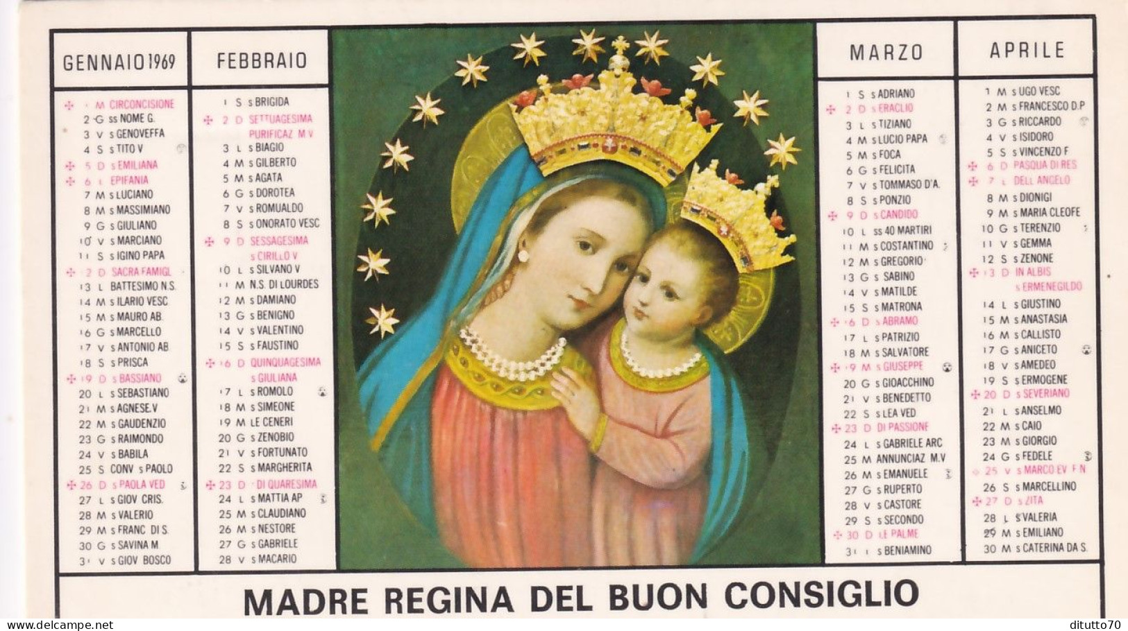 Calendarietto - Madre Regina Del Buon Consiglio - Anno 1969 - Petit Format : 1961-70