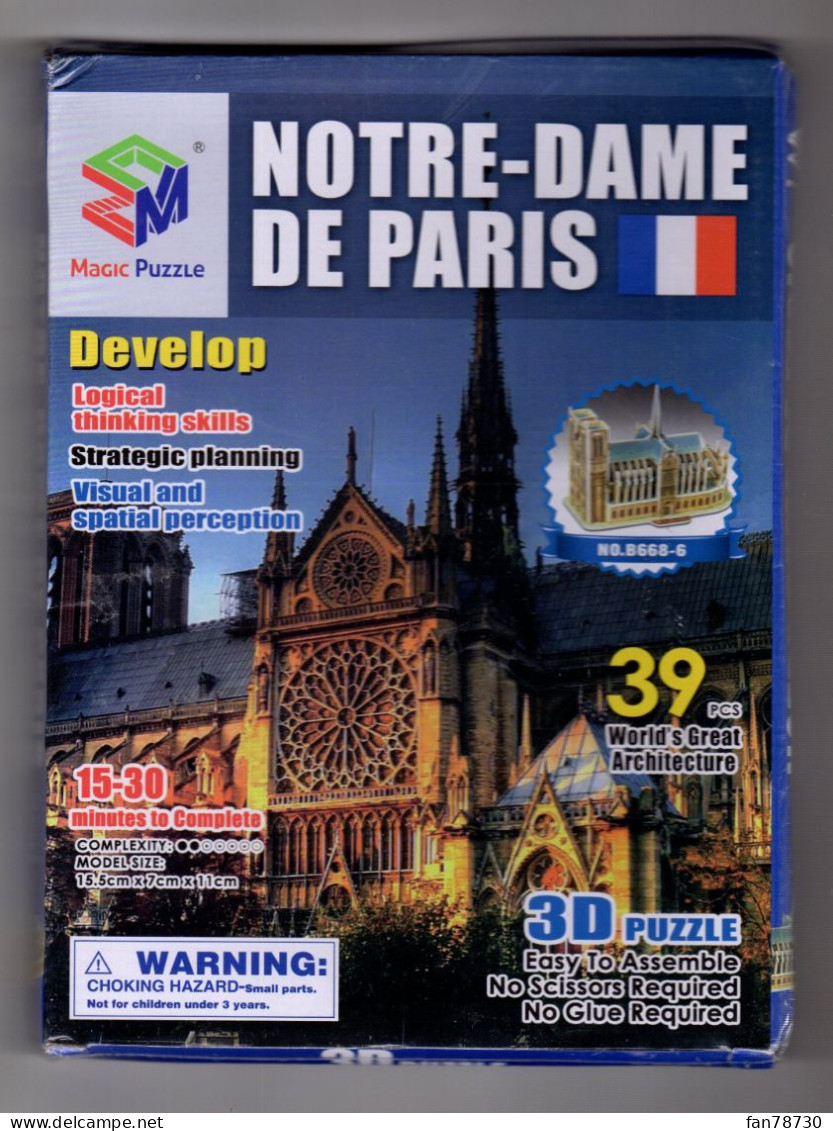 Reconstruisez Notre Dame De Paris 39 Pieces Puzzle 3D 15.5 X 7 X 11cm - Frais Du Site Déduits - Other & Unclassified