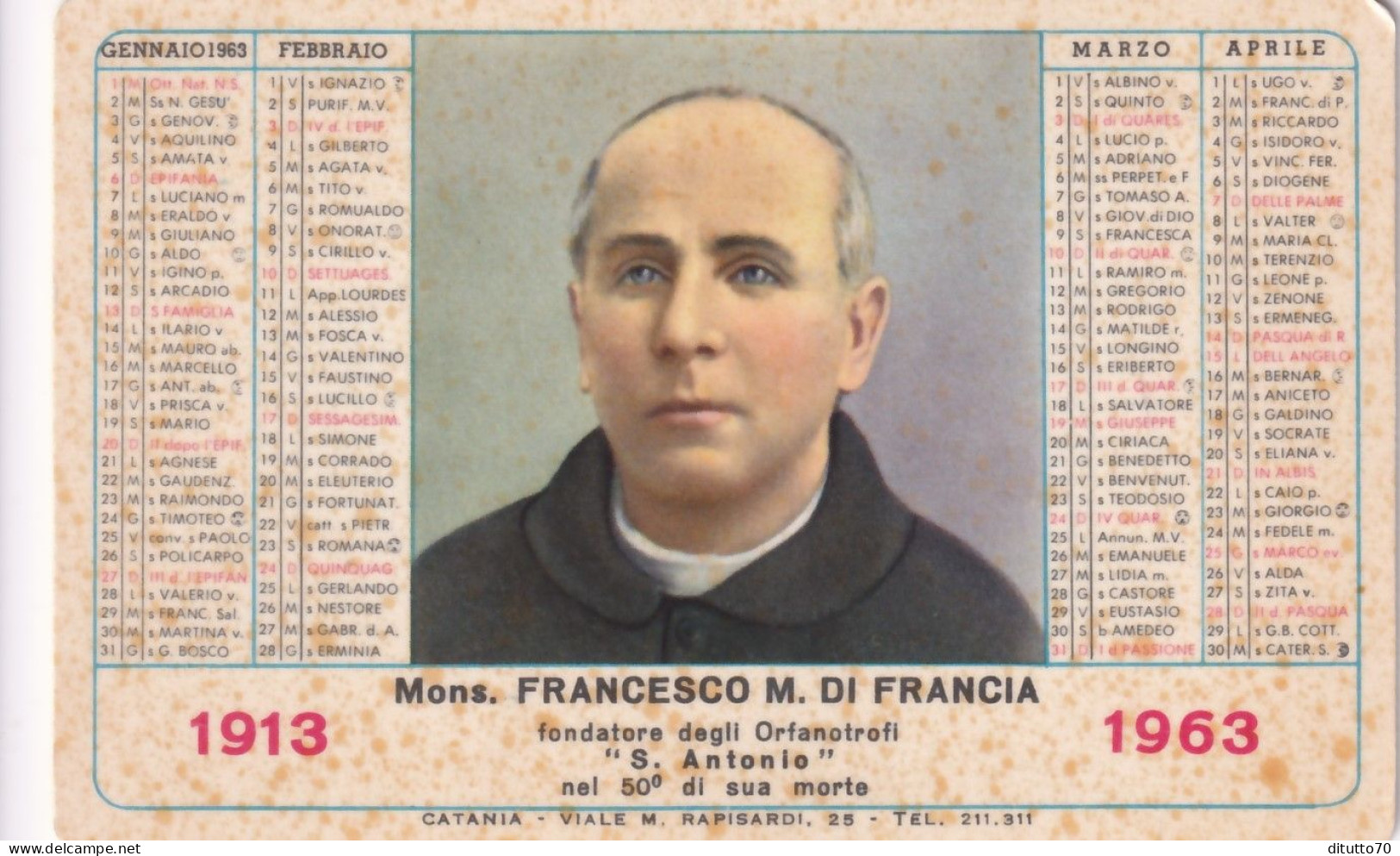 Calendarietto - Mons.francesco M.di Francia - Fondatore Degli Orfnotrofi S.antonio - Catania - Anno 1963 - Small : 1961-70