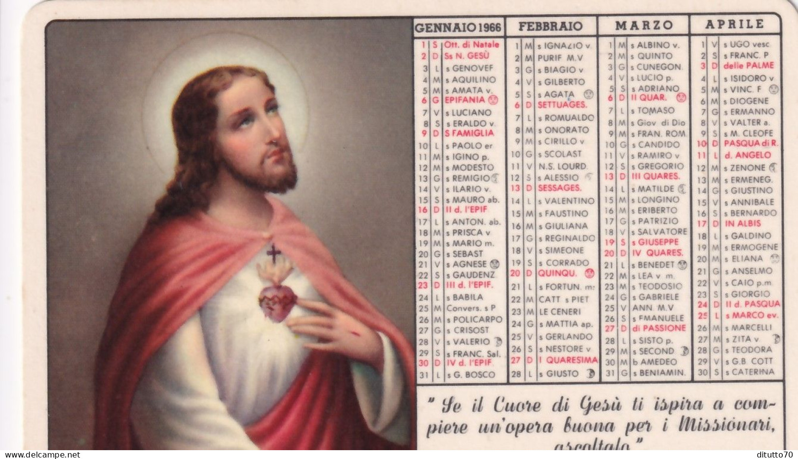 Calendarietto - Noviziato Missionario S.cuore - Bolognano Oltresarca - Trento - Anno 1966 - Kleinformat : 1961-70