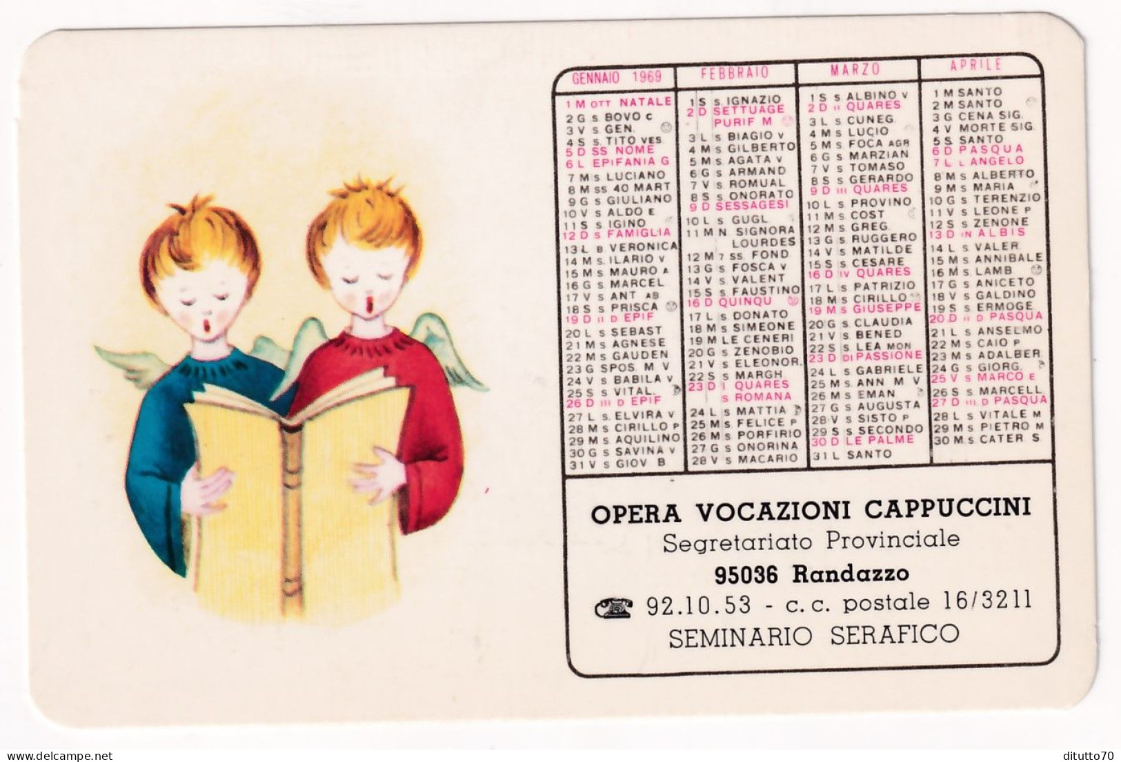 Calendarietto - Opere Vocazioni Cappuccini - Seminario  Serafico - Randazzo - Anno 1969 - Small : 1961-70