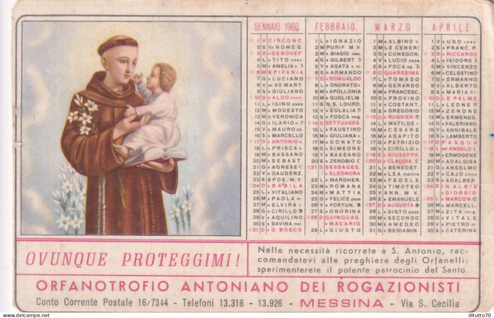 Calendarietto - Orfanotrofio Antoniano Dei Rogazionisti - Messina - Anno 1960 - Petit Format : 1941-60