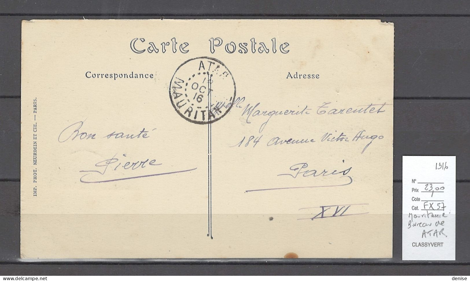 Mauritanie - CP - Bureau De ATAR - 1916 - Lettres & Documents