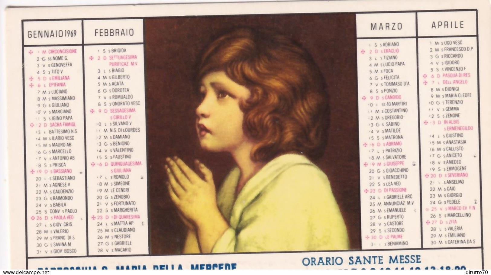 Calendarietto - Parrocchia S. Maria Della Mercede - Catania - Anno 1969 - Tamaño Pequeño : 1961-70