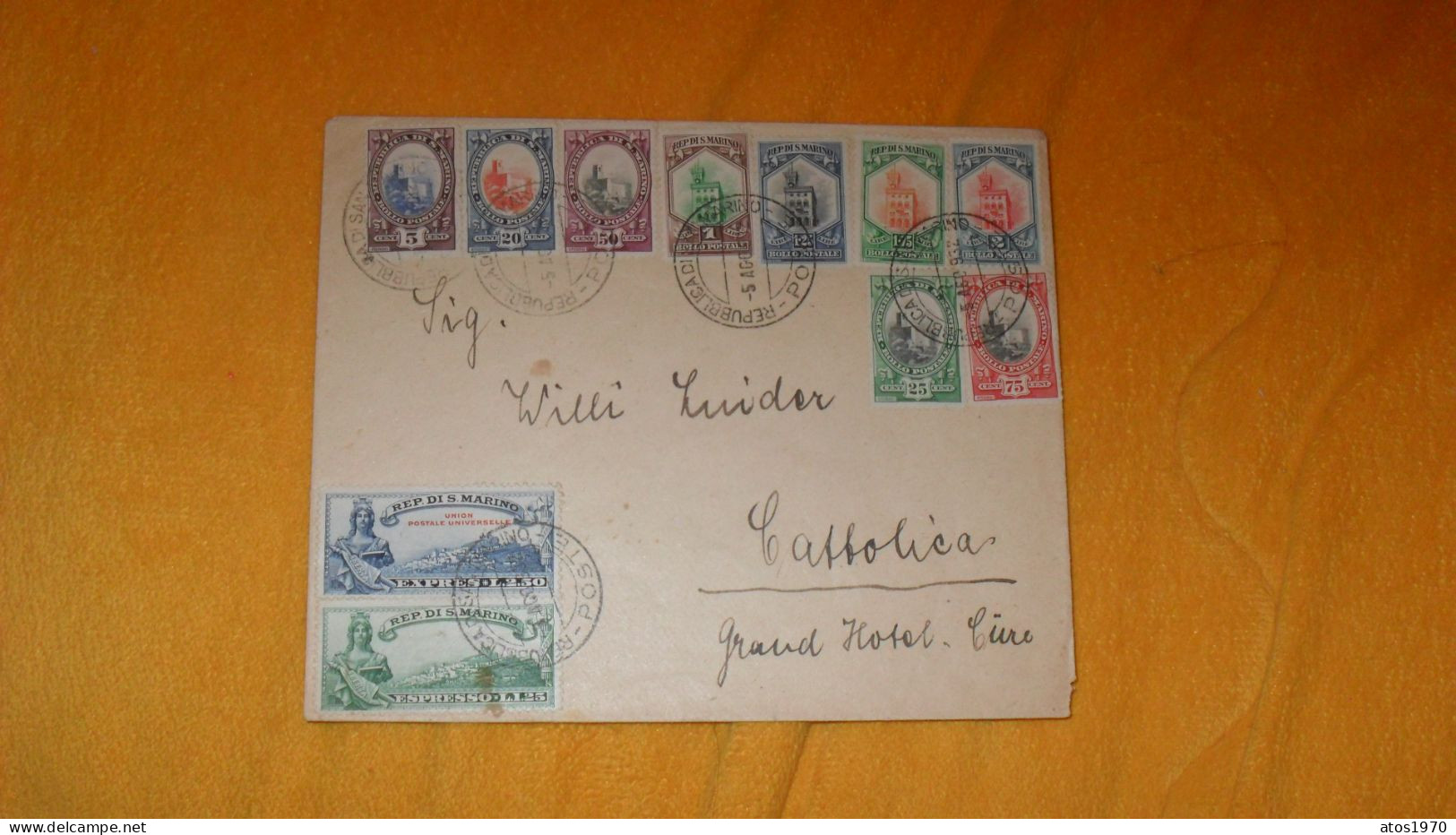 ENVELOPPE ANCIENNE DE 1932../ CACHETS REPUBBLICA DI SAN MARINO POUR ?..+ TIMBRES X11 BOLLO POSTALE ET EXPRES - Cartas & Documentos