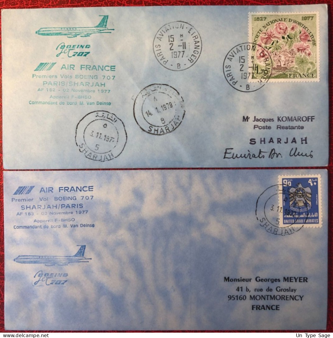 France, Premier Vol (Boeing 707) PARIS / SHARJAH 2.11.1977 - 2 Enveloppes - (A1424) - First Flight Covers