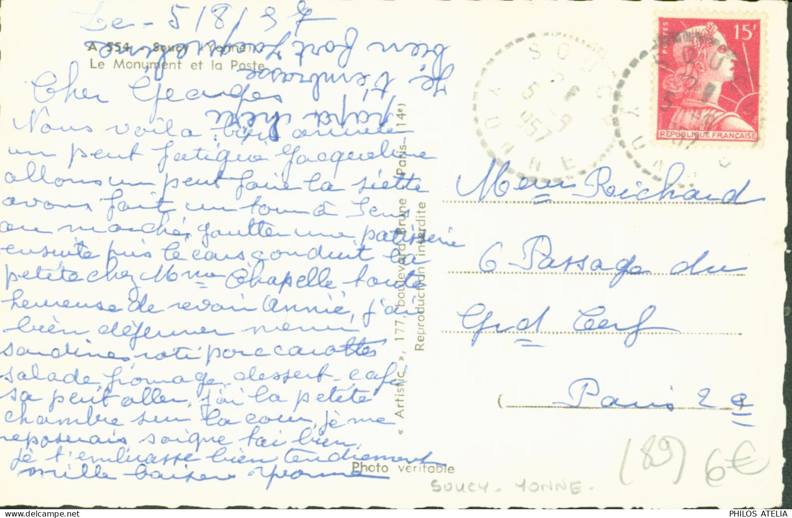 CP CPSM Soucy Le Monument Et La Poste YT N°1011 CAD Perlé Soucy Yonne 5 8 1957 - Soucy