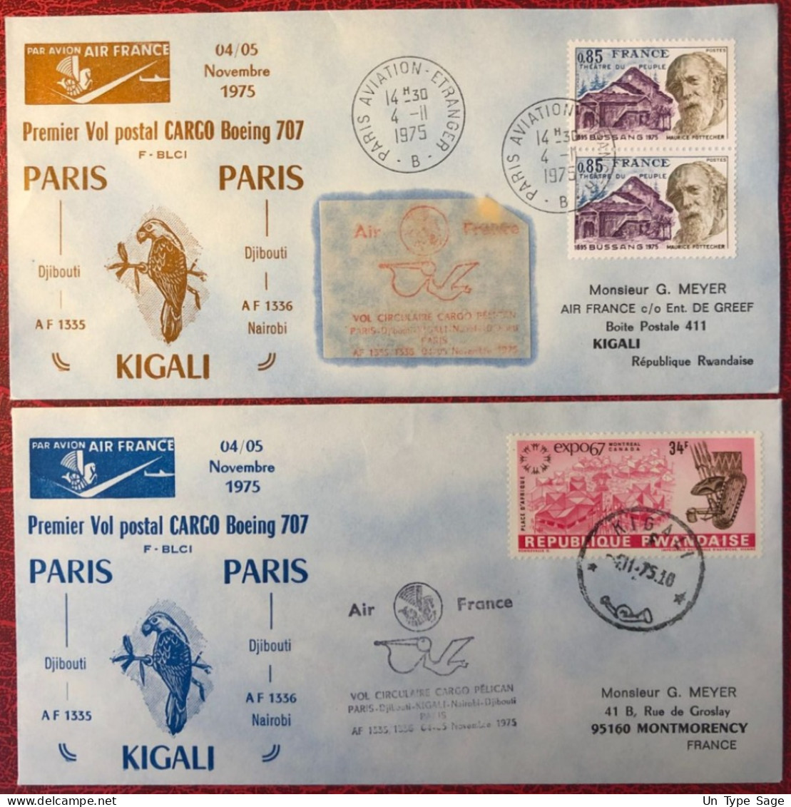 France, Premier Vol (Boeing 707) PARIS / KIGALI 4/5.11.1975 - 2 Enveloppes - (A1425) - First Flight Covers