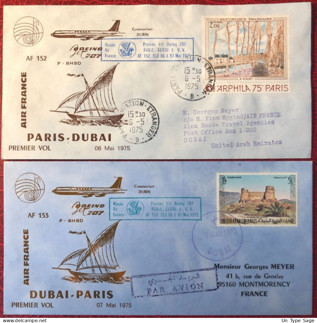 France, Premier Vol (Boeing 707) PARIS / DUBAI 6.5.1975 - 2 Enveloppes - (A1426) - Premiers Vols