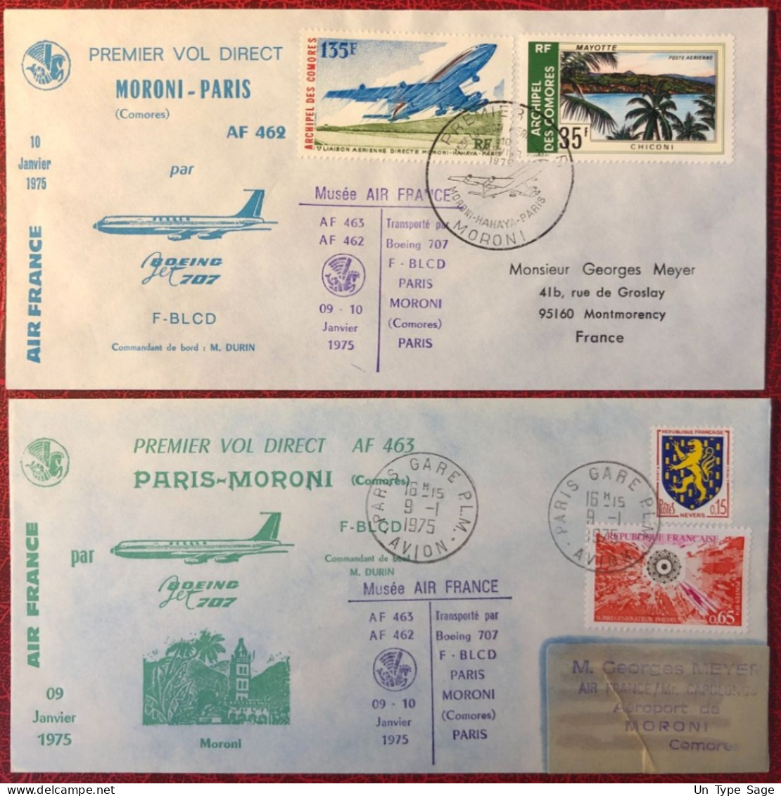 France, Premier Vol (Boeing 707) PARIS / MORONI 9.1.1975 - 2 Enveloppes - (A1429) - Erst- U. Sonderflugbriefe