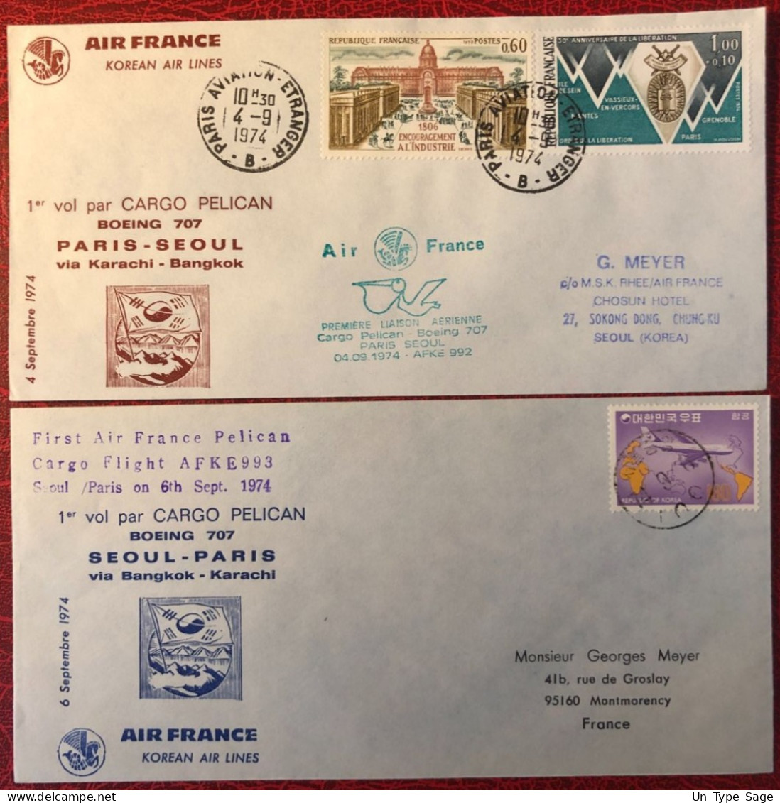 France, Premier Vol (Boeing 707) PARIS / SEOUL 4.9.1975 - 2 Enveloppes - (A1431) - First Flight Covers