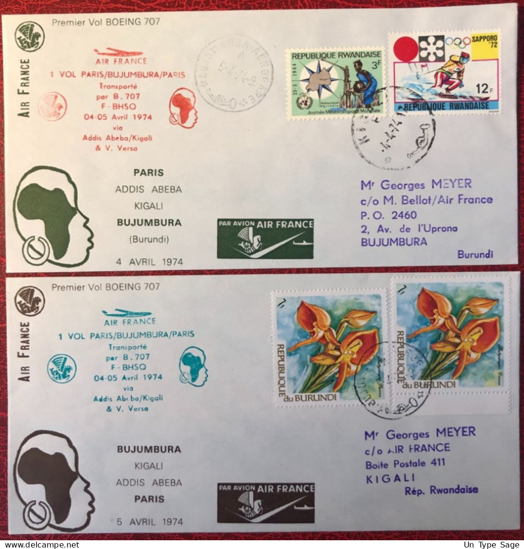 France, Premier Vol (Boeing 707) PARIS / BUJUMBURA 4/5.4.1974 - 2 Enveloppes - (A1432) - Premiers Vols