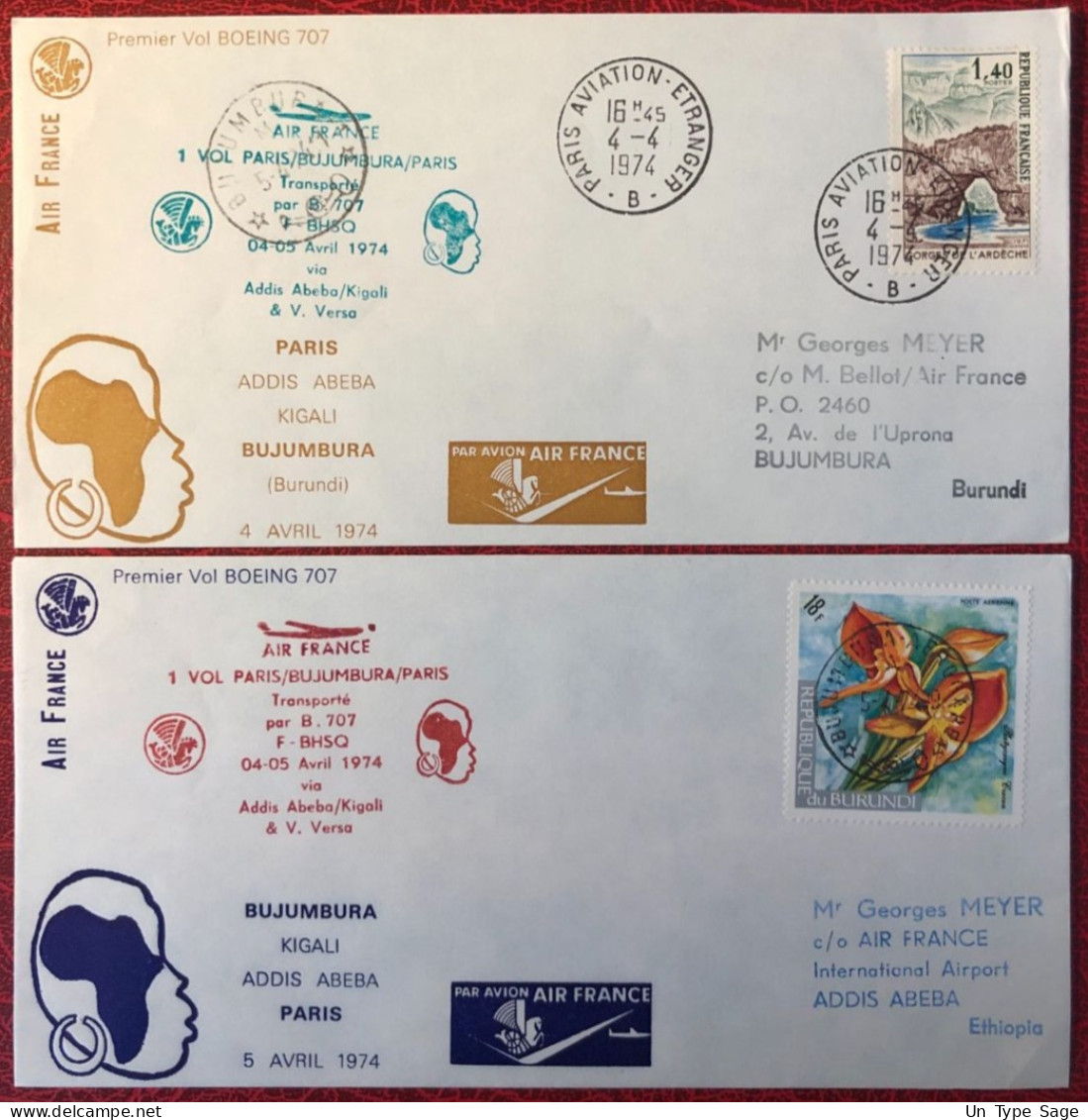 France, Premier Vol (Boeing 707) PARIS / BUJUMBURA 4/5.4.1974 - 2 Enveloppes - (A1437) - Primeros Vuelos