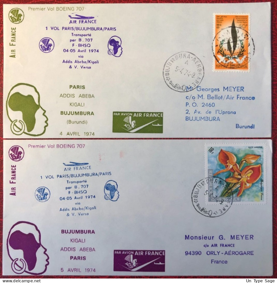 France, Premier Vol (Boeing 707) PARIS / BUJUMBURA 4/5.4.1974 - 2 Enveloppes - (A1438) - First Flight Covers