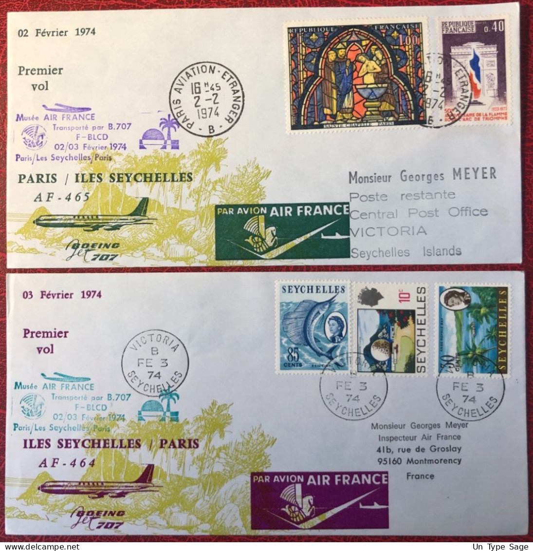 France, Premier Vol (Boeing 707) PARIS / ILES SEYCHELLES 2/3.2.1974 - 2 Enveloppes - (A1440) - Premiers Vols