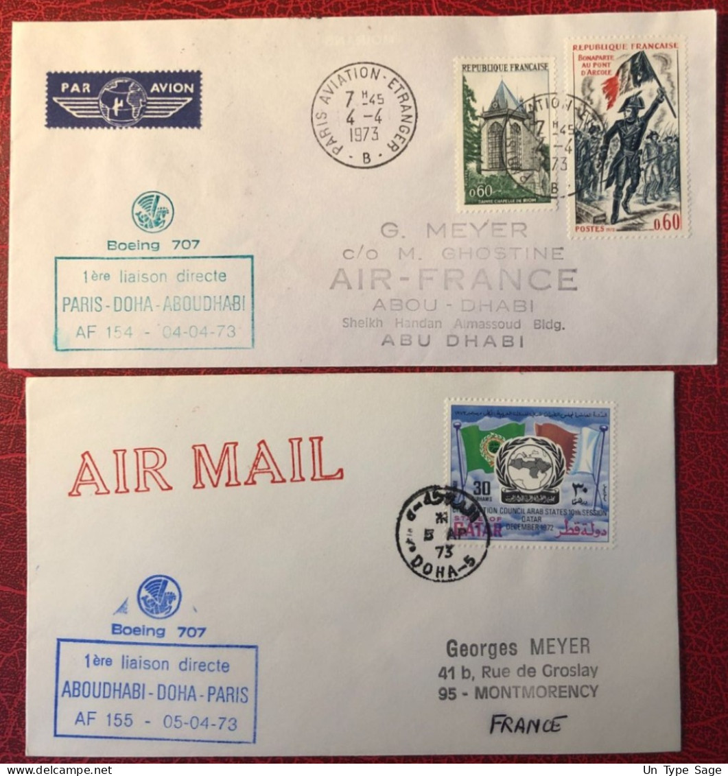 France, Premier Vol (Boeing 707) PARIS / ABOUDHABI 4.4.1973 - 2 Enveloppes - (A1446) - Primi Voli