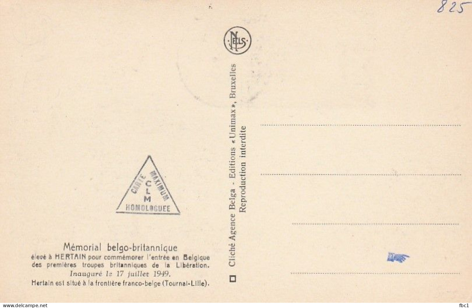 Carte Maximum - Belgique - Mémorial Belgo-britannique 1950 - N°825 - 1951-1960