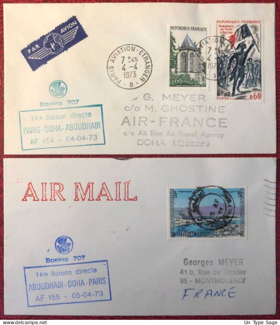 France, Premier Vol (Boeing 707) PARIS / ABOUDHABI 4.4.1973 - 2 Enveloppes - (A1449) - First Flight Covers