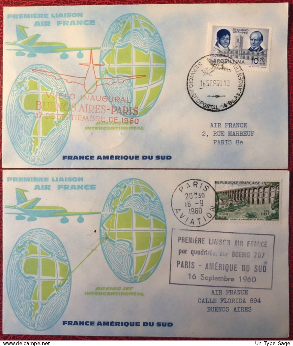 France, Premier Vol (Boeing 707) PARIS / AMERIQUE DU SUD 19.9.1960 - 2 Enveloppes - (A1453) - Primeros Vuelos