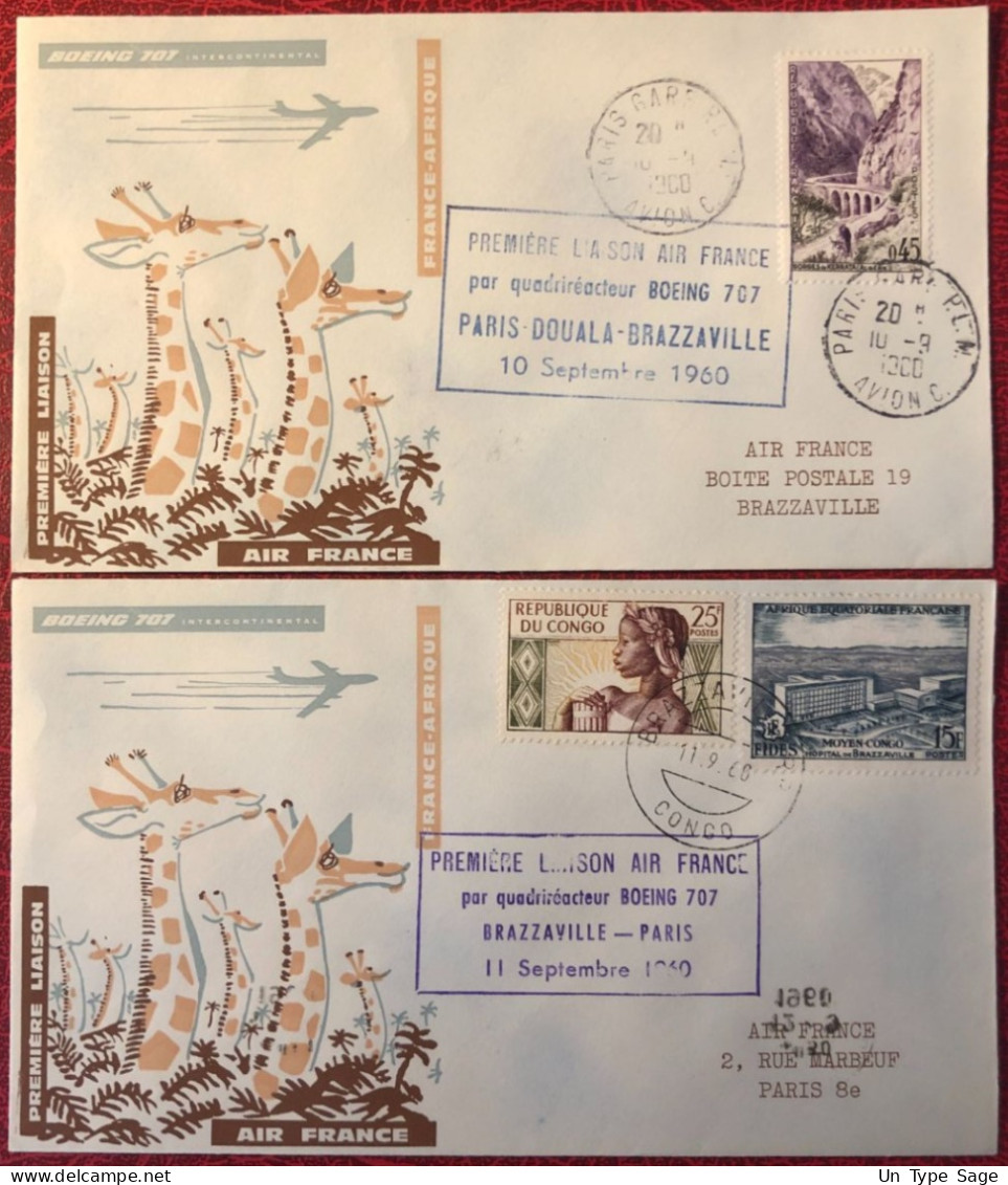 France, Premier Vol (Boeing 707) PARIS / BRAZZAVILLE 10.9.1960 - 2 Enveloppes - (A1458) - First Flight Covers