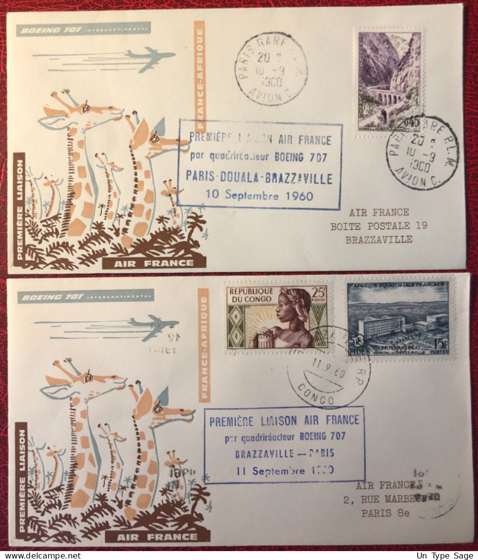 France, Premier Vol (Boeing 707) PARIS / BRAZZAVILLE 10.9.1960 - 2 Enveloppes - (A1461) - First Flight Covers