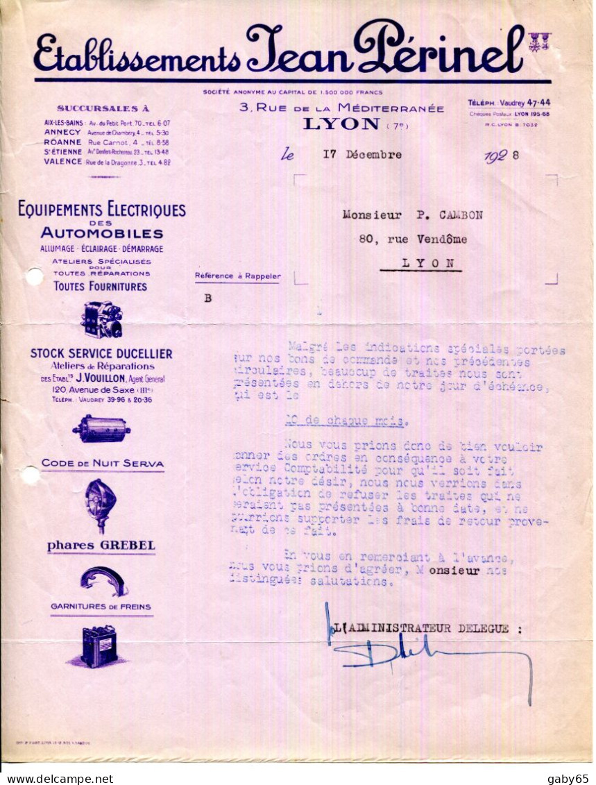 FACTURE.LYON.ÉQUIPEMENTS ÉLÈCTRIQUES DES AUTOMOBILES.Rts.JEAN PÉRINEL 3 RUE DE LA  MÉDITERRANÉE. - Cars