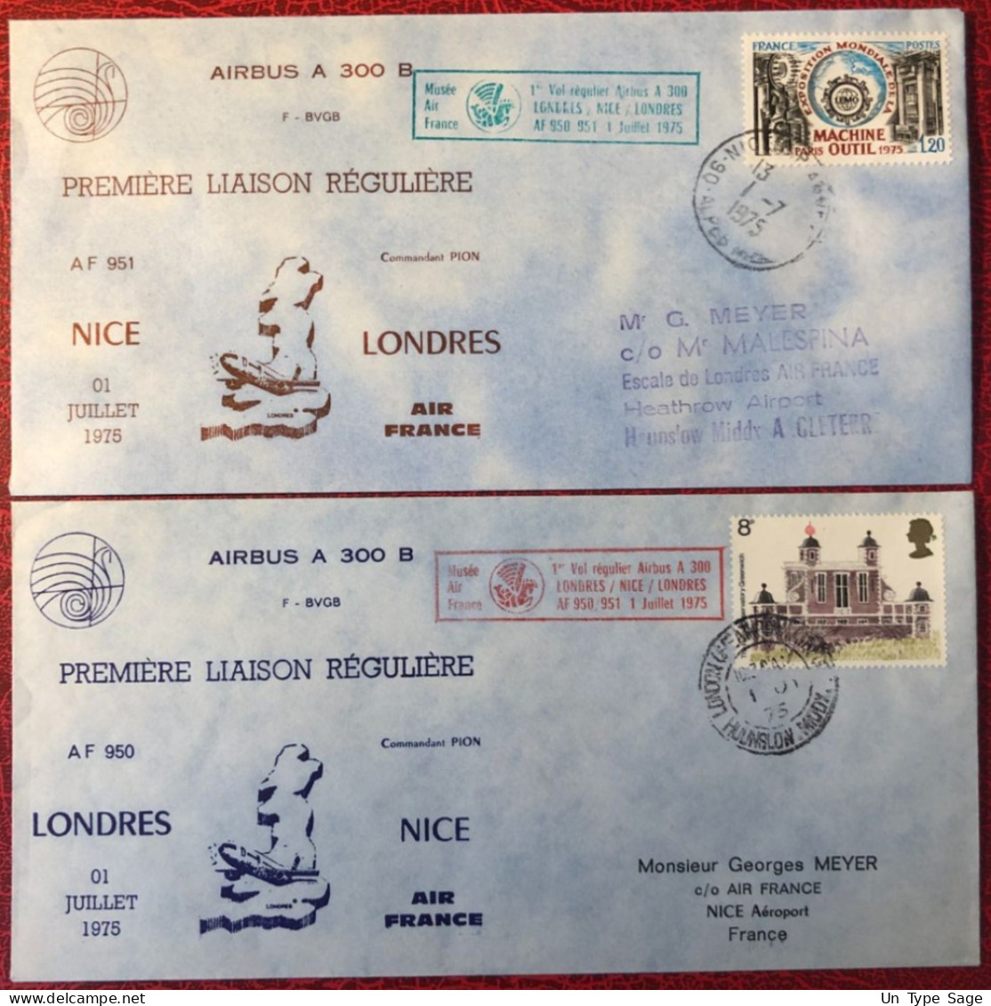 France, Premier Vol (Airbus A300) NICE / LONDRES 1.7.1975 - 2 Enveloppes - (A1498) - Erst- U. Sonderflugbriefe