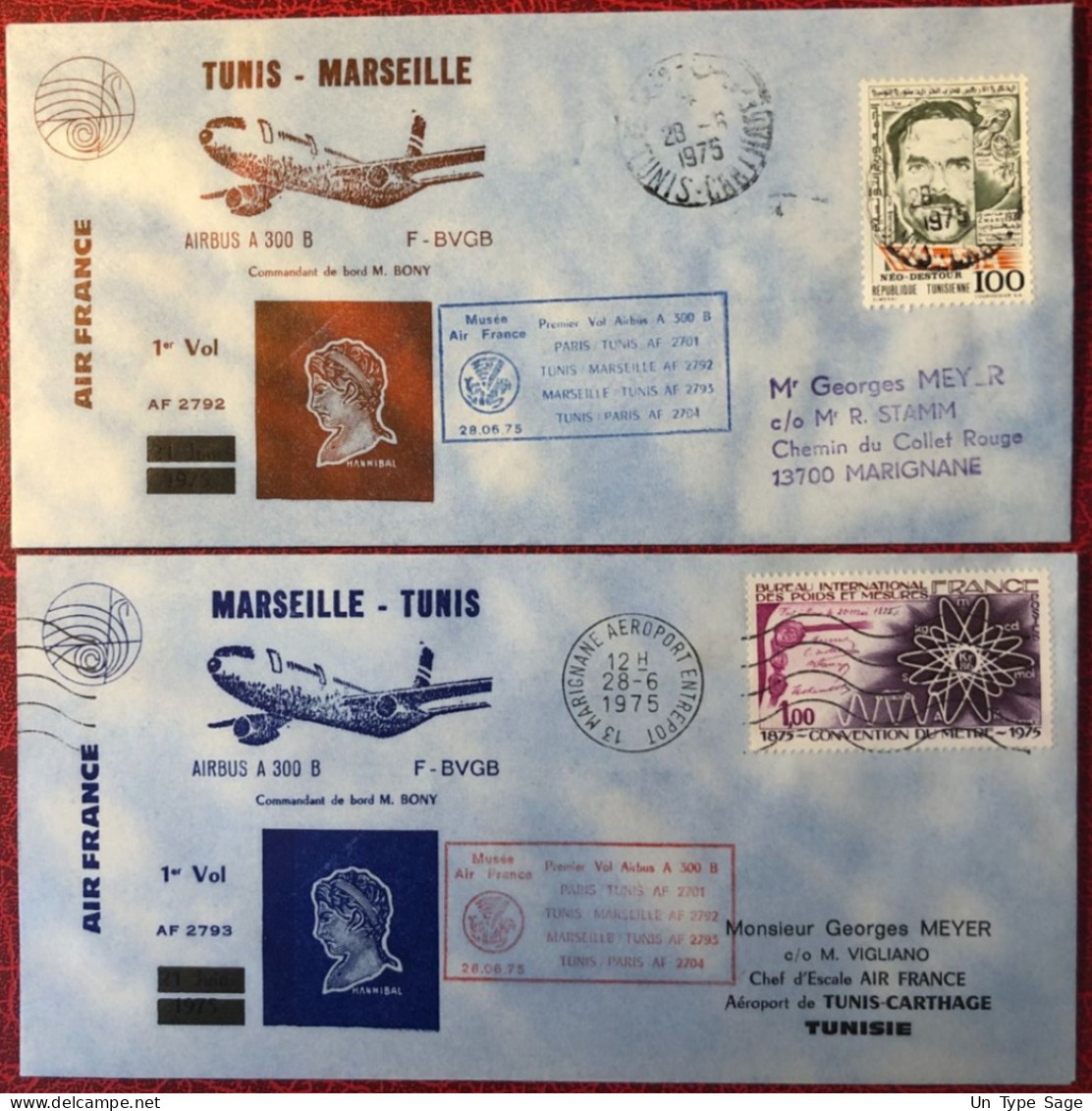 France, Premier Vol (Airbus A300) MARSEILLE / TUNIS 28.6.1975 - 2 Enveloppes - (A1502) - Primeros Vuelos