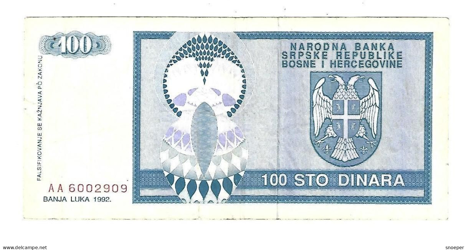 *bosnia- Herzegovina  100 Dinara 1992   135 - Bosnie-Herzegovine