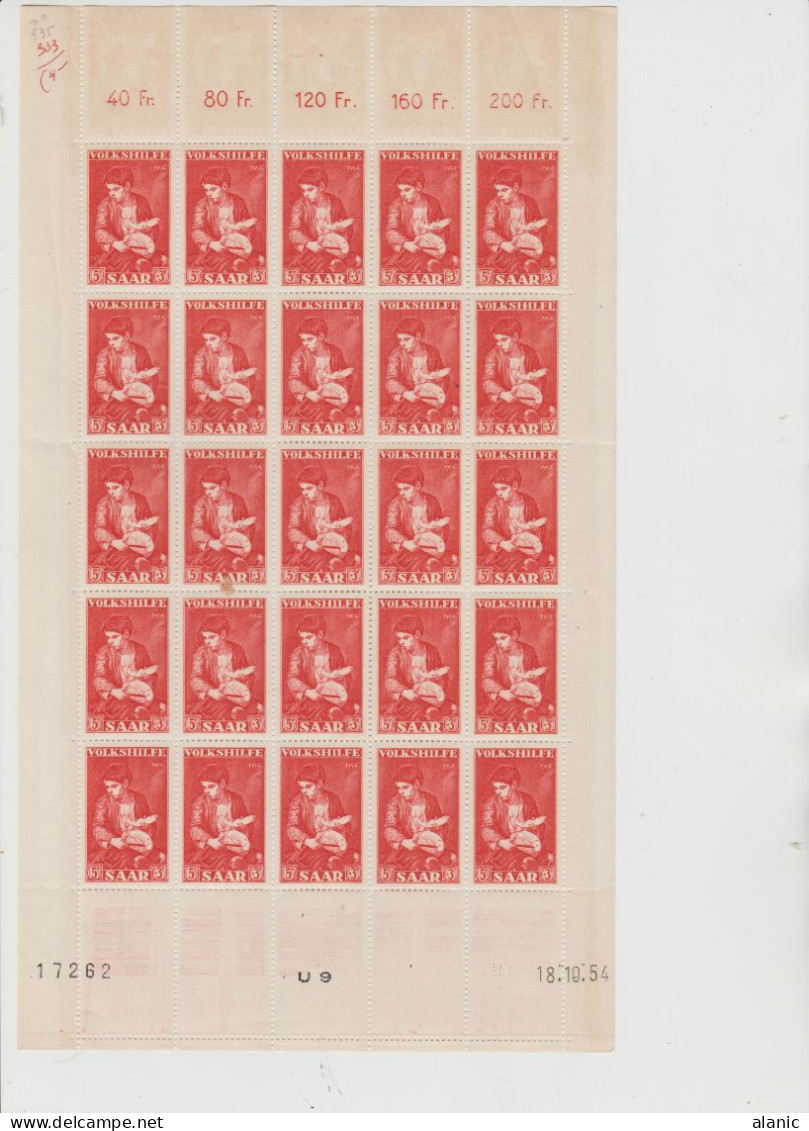 SARRE-1954-3- FEUILLES DE 25 VALEURS-CD N° 334/336/-OEUVRES POLULAIRES NEUF**// - Unused Stamps