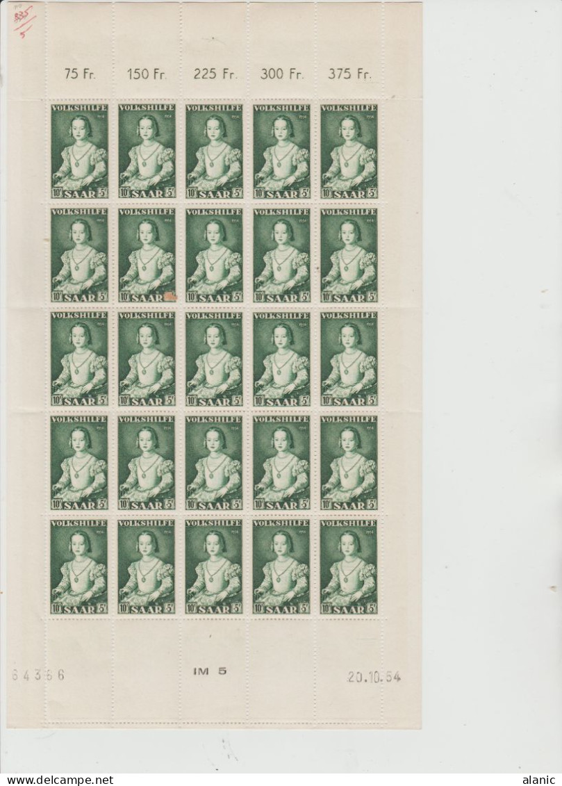 SARRE-1954-3- FEUILLES DE 25 VALEURS-CD N° 334/336/-OEUVRES POLULAIRES NEUF**// - Ungebraucht