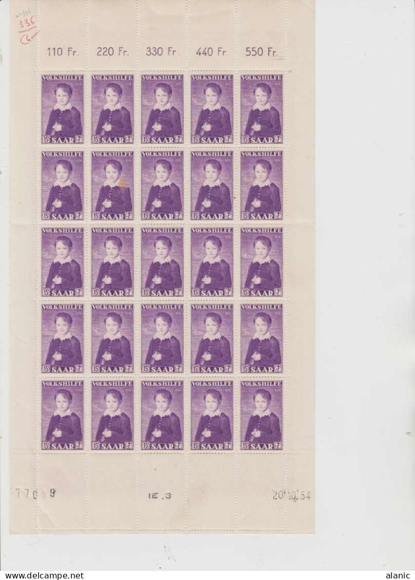 SARRE-1954-3- FEUILLES DE 25 VALEURS-CD N° 334/336/-OEUVRES POLULAIRES NEUF**// - Unused Stamps