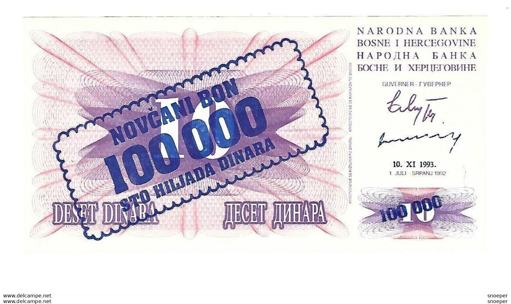 *bosnia- Herzegovina    100000 Dinara 1993   34b  Unc - Bosnia And Herzegovina