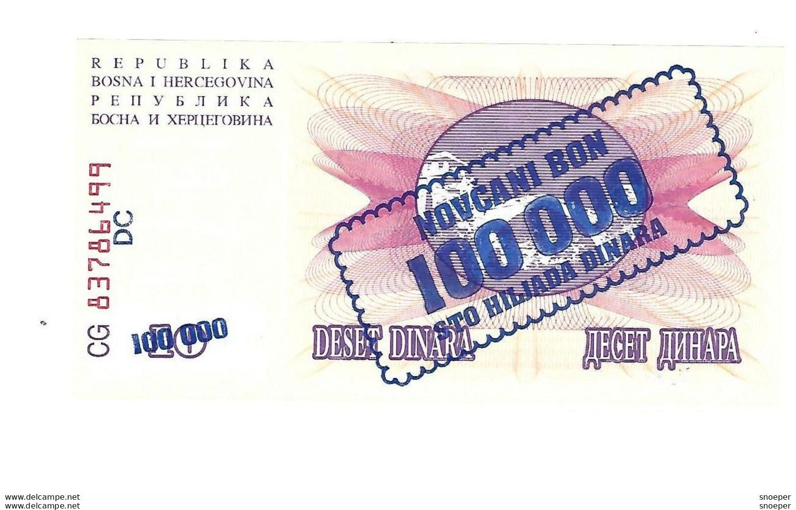 *bosnia- Herzegovina    100000 Dinara 1993   34b  Unc - Bosnia Erzegovina