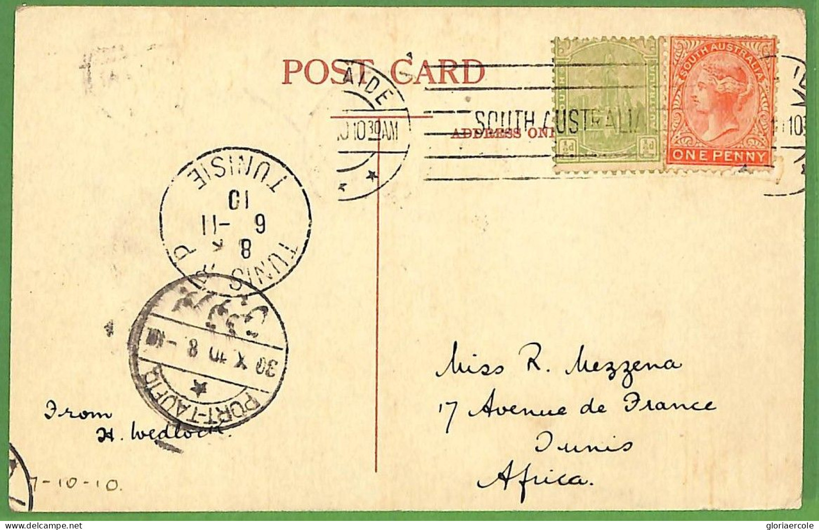 P1000 -  SOUTH AUSTRALIA  - Postal History - POSTCARD To TUNIS Via PORT TAUFIK  1910 - Covers & Documents