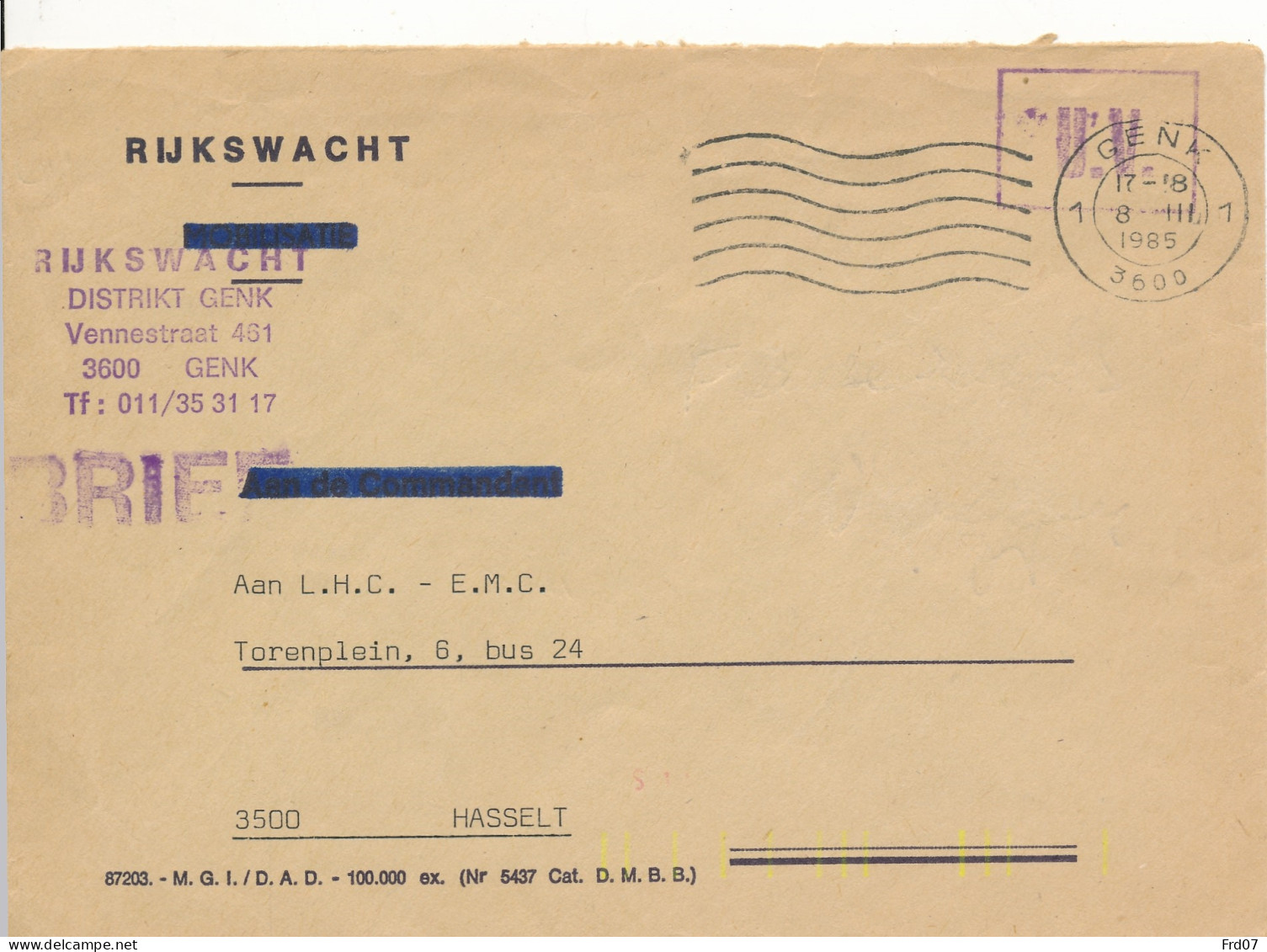 Porto Vrije Brief – U.V. – Rijkswacht District Genk 8 III 1985 - Portofreiheit